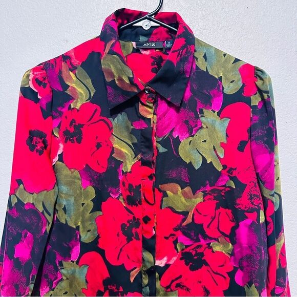 90s Red Black Floral Blouse - Oversized Poppy Print - Dark Winter Floral - M - Picture 3 of 9